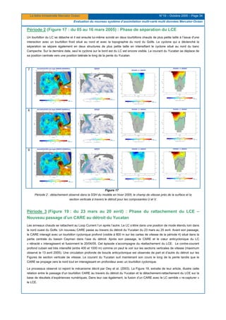 La lettre trimestrielle Mercator Océan N°19 – Octobre 2005 – Page 34
Evaluation du nouveau système d’assimilation multi-varié multi données Mercator-Océan
Période 2 (Figure 17 : du 05 au 16 mars 2005) : Phase de séparation du LCE
Un tourbillon du LC se détache et il est ensuite lui-même scindé en deux tourbillons chauds de plus petite taille à l’issue d’une
interaction avec un tourbillon froid situé au nord et avec la topographie du nord du Golfe. Le cyclone qui a déclenché la
séparation se sépare également en deux structures de plus petite taille en intensifiant le cyclone situé au nord du banc
Campeche. Sur la dernière date, seul le cyclone sur le bord est du LC est encore visible. Le courant du Yucatan se déplace de
sa position centrale vers une position latérale le long de la pente du Yucatan.
7
8
9
Figure 17
Période 2 : détachement observé dans la SSH du modèle en hiver 2005, le champ de vitesse près de la surface et la
section verticale à travers le détroit pour les composantes U et V.
Période 3 (Figure 19 : du 23 mars au 20 avril) : Phase du rattachement du LCE –
Nouveau passage d’un CARE au détroit du Yucatan
Les anneaux chauds se rattachent au Loop Current l’un après l’autre. Le LC s’étire dans une position de mode étendu loin dans
le nord ouest du Golfe. Un nouveau CARE passe au travers du détroit du Yucatan du 23 mars au 20 avril. Avant son passage,
le CARE interagit avec un tourbillon cyclonique profond (visible à 800 m sur les cartes de vitesse de la période 4) situé dans la
partie centrale du bassin Cayman dans l’axe du détroit. Après son passage, le CARE et le cœur anticyclonique du LC
« rétracté » interagissent et fusionnent le 20/04/05. Cet épisode s’accompagne du réattachement du LCE. Le contre-courant
profond cubain est très intensifié (entre 400 et 1000 m) comme on peut le voir sur les sections verticales de vitesse (maximum
observé le 13 avril 2005). Une circulation profonde de boucle anticyclonique est observée de part et d’autre du détroit sur les
Figures de section verticale de vitesse. Le courant du Yucatan suit maintenant son cours le long de la pente tandis que le
CARE se propage vers le nord tout en interagissant en profondeur avec un tourbillon cyclonique.
Le processus observé ici rejoint le mécanisme décrit par Oey et al. (2003). La Figure 18, extraite de leur article, illustre cette
relation entre le passage d’un tourbillon CARE au travers du détroit du Yucatan et le détachement-rattachement du LCE sur la
base de résultats d’expériences numériques. Dans leur cas également, la fusion d’un CARE avec le LC semble « re-capturer »
le LCE.
 