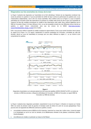La lettre trimestrielle Mercator Océan N°19 – Octobre 2005 – Page 6
PSY2v2, le nouveau prototype opérationnel haute résolution de Mercator
Diagnostics sur les anomalies du niveau de la mer
La Figure 3 présente des diagnostics sur l’assimilation de la SLA altimétrique. Certains de ces diagnostics constituent des
scores de prévision du système à 7 jours et permettent de vérifier de façon continue la performance du système avec un jeu
d’observations indépendantes, c’est à dire non encore assimilées. Nous vérifions ainsi sur la Figure 3 c) que la moyenne
arithmétique de l’innovation (écart des observations à la prévision du modèle) reste proche de zéro et donc que l’hypothèse de
l’absence de biais des variables pronostiques du modèle et des observations reste valide. Nous vérifions également que la
RMS de l’innovation (Figure 3 d) reste inférieure à 9cm, ce qui est acceptable compte tenu des différentes erreurs internes au
système, à savoir l’erreur instrumentale ainsi que les erreurs de la MSSH (http://www.mercator-
ocean.fr/html/lettre/lettre_8/page_12.html) et du modèle.
Enfin, nous pouvons vérifier la capacité du modèle à expliquer le signal observé. C’est ce que montre l’évolution dans le temps
du rapport de la Figure 3 e). Ce rapport, représentant la moyenne quadratique de l’innovation, normalisée par celle des
données, décroît au cours de l’assimilation et converge vers une valeur inférieure ou égale à 1, ce qui montre le bon
comportement du système.
Figure 3
Diagnostics d’assimilation sur le domaine global de la SLA issue des satellites JASON, ENVISAT et GFO. a) nombre de
données, b) RMS des données, c) Moyenne arithmétique de l’innovation, d) RMS de l’innovation, e) rapport RMS de
l’innovation sur RMS des données.
La Figure 4 présente deux diagnostics permettant, conjointement à ceux de la Figure 3, d’illustrer en moyenne sur l’année
2004, les scores de prévision (carte de gauche) et d’analyse (carte de droite) d’un point de vue plus géographique. Nous
pouvons ainsi voir apparaître les différentes carences du système, à savoir :
• une probable incohérence entre la MSSH et la SLA observée, notamment au niveau des « buffer zones » (zones de rappel
à la climatologie) au sud et au nord du domaine, de la Méditerranée orientale et des plateaux continentaux (Islande,
Grande Bretagne).
• Une déficience du modèle, en particulier au niveau du Gulf Stream.
 