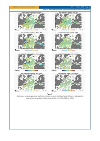 La lettre trimestrielle Mercator Océan N°19 – Octobre 2005 – Page 9
PSY2v2, le nouveau prototype opérationnel haute résolution de Mercator
Figure 7
Ecart moyen (cartes de gauche) et écart moyen résiduel (cartes de droite) sur l’année 2004 entre la température
observée et la température simulée aux profondeurs 3m, 100m, 300m et 1000m.
 
