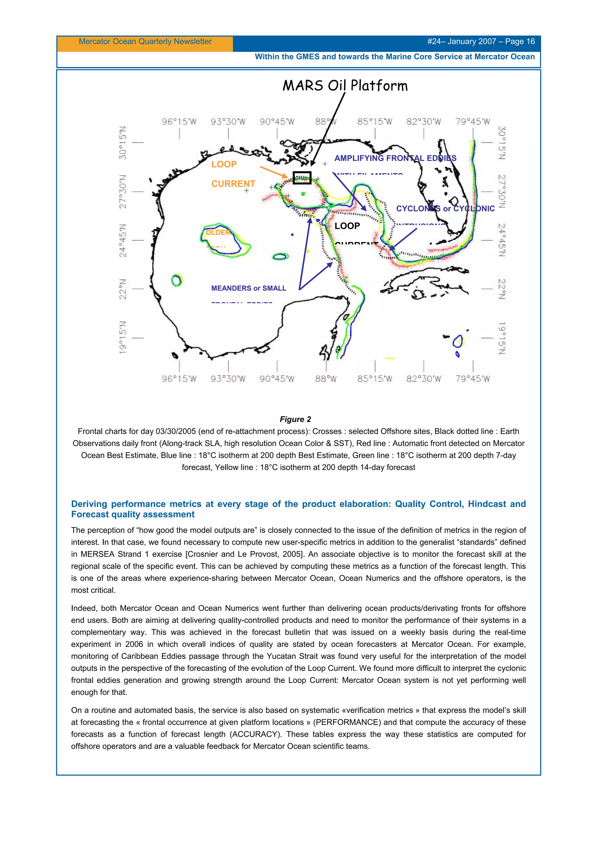 Mercator Ocean Quarterly Newsletter #24– January 2007 – Page 16
Within the GMES and towards the Marine Core Service at Mercator Ocean
AMPLIFYING FRONTAL EDDIES
LOOP
WITH FILAMENTS
CURRENT
CYCLONES or CYCLONIC
LOOP INTRUSIONS
OLDER
CURRENTEDDY
MEANDERS or SMALL
FRONTAL EDDIES
Figure 2
Frontal charts for day 03/30/2005 (end of re-attachment process): Crosses : selected Offshore sites, Black dotted line : Earth
Observations daily front (Along-track SLA, high resolution Ocean Color & SST), Red line : Automatic front detected on Mercator
Ocean Best Estimate, Blue line : 18°C isotherm at 200 depth Best Estimate, Green line : 18°C isotherm at 200 depth 7-day
forecast, Yellow line : 18°C isotherm at 200 depth 14-day forecast
Deriving performance metrics at every stage of the product elaboration: Quality Control, Hindcast and
Forecast quality assessment
The perception of “how good the model outputs are” is closely connected to the issue of the definition of metrics in the region of
interest. In that case, we found necessary to compute new user-specific metrics in addition to the generalist “standards” defined
in MERSEA Strand 1 exercise [Crosnier and Le Provost, 2005]. An associate objective is to monitor the forecast skill at the
regional scale of the specific event. This can be achieved by computing these metrics as a function of the forecast length. This
is one of the areas where experience-sharing between Mercator Ocean, Ocean Numerics and the offshore operators, is the
most critical.
Indeed, both Mercator Ocean and Ocean Numerics went further than delivering ocean products/derivating fronts for offshore
end users. Both are aiming at delivering quality-controlled products and need to monitor the performance of their systems in a
complementary way. This was achieved in the forecast bulletin that was issued on a weekly basis during the real-time
experiment in 2006 in which overall indices of quality are stated by ocean forecasters at Mercator Ocean. For example,
monitoring of Caribbean Eddies passage through the Yucatan Strait was found very useful for the interpretation of the model
outputs in the perspective of the forecasting of the evolution of the Loop Current. We found more difficult to interpret the cyclonic
frontal eddies generation and growing strength around the Loop Current: Mercator Ocean system is not yet performing well
enough for that.
On a routine and automated basis, the service is also based on systematic «verification metrics » that express the model’s skill
at forecasting the « frontal occurrence at given platform locations » (PERFORMANCE) and that compute the accuracy of these
forecasts as a function of forecast length (ACCURACY). These tables express the way these statistics are computed for
offshore operators and are a valuable feedback for Mercator Ocean scientific teams.
MARS Oil Platform
 