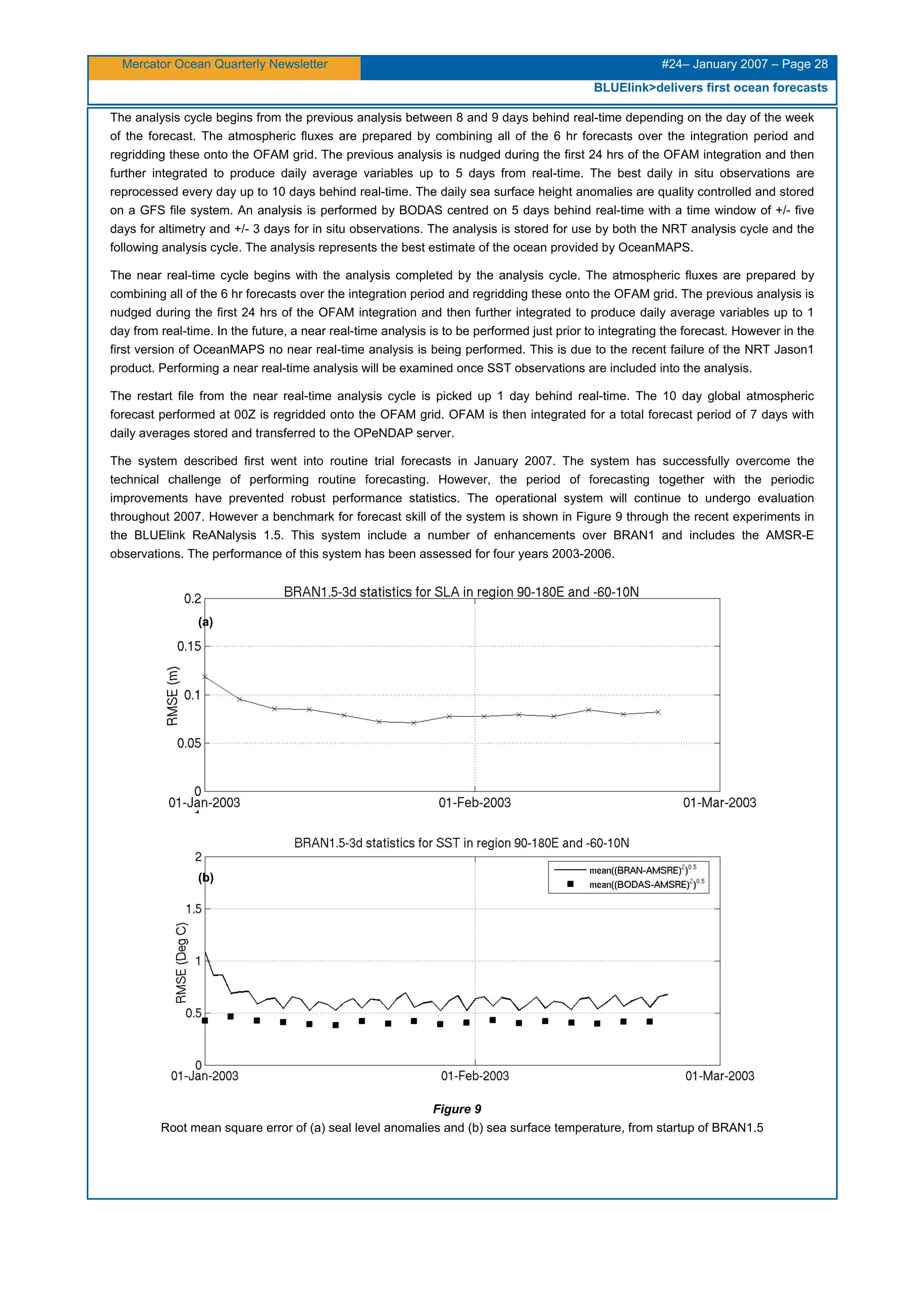Mercator Ocean Quarterly Newsletter #24– January 2007 – Page 28
BLUElink>delivers first ocean forecasts
The analysis cycle begins from the previous analysis between 8 and 9 days behind real-time depending on the day of the week
of the forecast. The atmospheric fluxes are prepared by combining all of the 6 hr forecasts over the integration period and
regridding these onto the OFAM grid. The previous analysis is nudged during the first 24 hrs of the OFAM integration and then
further integrated to produce daily average variables up to 5 days from real-time. The best daily in situ observations are
reprocessed every day up to 10 days behind real-time. The daily sea surface height anomalies are quality controlled and stored
on a GFS file system. An analysis is performed by BODAS centred on 5 days behind real-time with a time window of +/- five
days for altimetry and +/- 3 days for in situ observations. The analysis is stored for use by both the NRT analysis cycle and the
following analysis cycle. The analysis represents the best estimate of the ocean provided by OceanMAPS.
The near real-time cycle begins with the analysis completed by the analysis cycle. The atmospheric fluxes are prepared by
combining all of the 6 hr forecasts over the integration period and regridding these onto the OFAM grid. The previous analysis is
nudged during the first 24 hrs of the OFAM integration and then further integrated to produce daily average variables up to 1
day from real-time. In the future, a near real-time analysis is to be performed just prior to integrating the forecast. However in the
first version of OceanMAPS no near real-time analysis is being performed. This is due to the recent failure of the NRT Jason1
product. Performing a near real-time analysis will be examined once SST observations are included into the analysis.
The restart file from the near real-time analysis cycle is picked up 1 day behind real-time. The 10 day global atmospheric
forecast performed at 00Z is regridded onto the OFAM grid. OFAM is then integrated for a total forecast period of 7 days with
daily averages stored and transferred to the OPeNDAP server.
The system described first went into routine trial forecasts in January 2007. The system has successfully overcome the
technical challenge of performing routine forecasting. However, the period of forecasting together with the periodic
improvements have prevented robust performance statistics. The operational system will continue to undergo evaluation
throughout 2007. However a benchmark for forecast skill of the system is shown in Figure 9 through the recent experiments in
the BLUElink ReANalysis 1.5. This system include a number of enhancements over BRAN1 and includes the AMSR-E
observations. The performance of this system has been assessed for four years 2003-2006.
Figure 9
Root mean square error of (a) seal level anomalies and (b) sea surface temperature, from startup of BRAN1.5
(a)
(b)
 