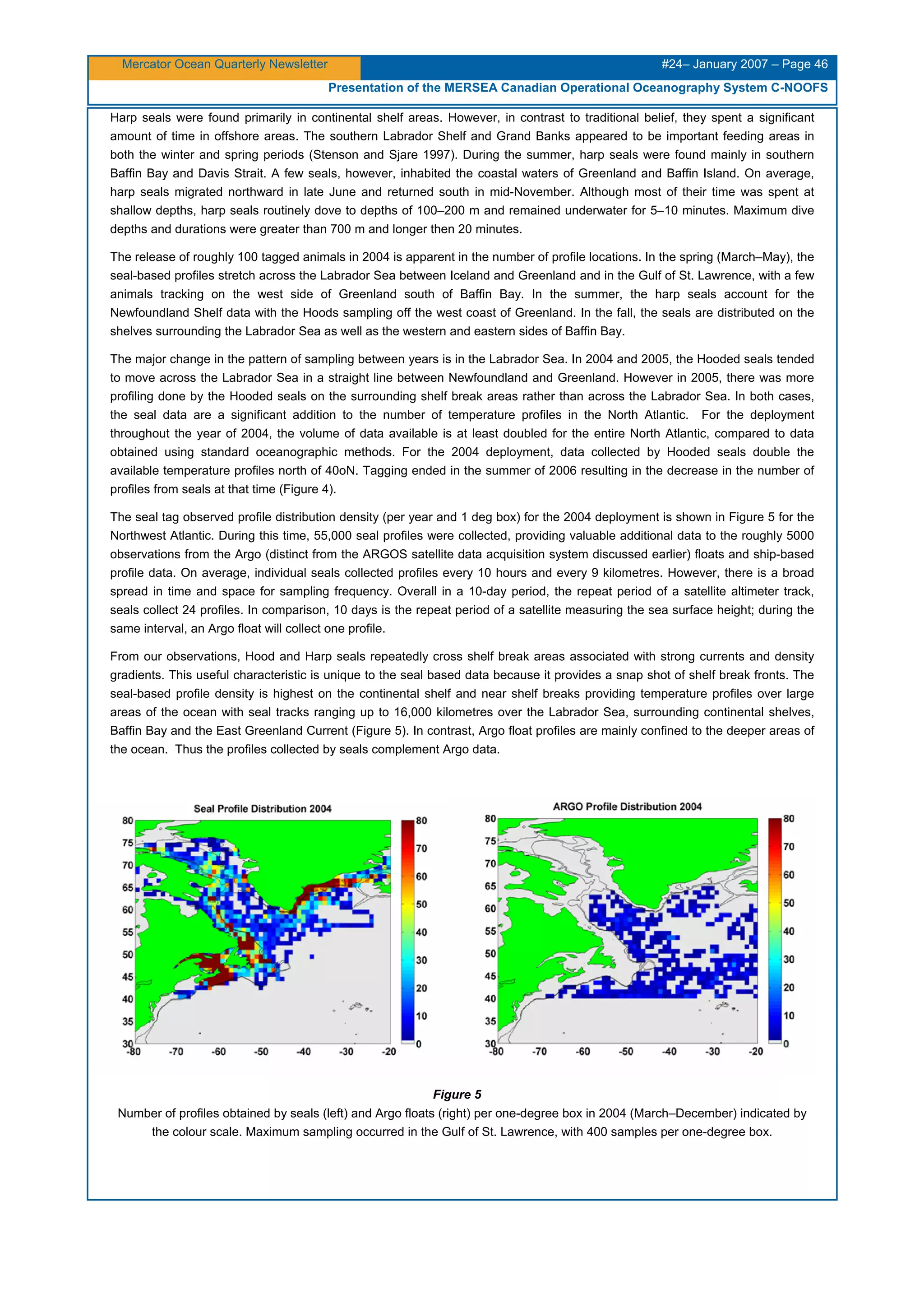Mercator Ocean Quarterly Newsletter #24– January 2007 – Page 46
Presentation of the MERSEA Canadian Operational Oceanography System C-NOOFS
Harp seals were found primarily in continental shelf areas. However, in contrast to traditional belief, they spent a significant
amount of time in offshore areas. The southern Labrador Shelf and Grand Banks appeared to be important feeding areas in
both the winter and spring periods (Stenson and Sjare 1997). During the summer, harp seals were found mainly in southern
Baffin Bay and Davis Strait. A few seals, however, inhabited the coastal waters of Greenland and Baffin Island. On average,
harp seals migrated northward in late June and returned south in mid-November. Although most of their time was spent at
shallow depths, harp seals routinely dove to depths of 100–200 m and remained underwater for 5–10 minutes. Maximum dive
depths and durations were greater than 700 m and longer then 20 minutes.
The release of roughly 100 tagged animals in 2004 is apparent in the number of profile locations. In the spring (March–May), the
seal-based profiles stretch across the Labrador Sea between Iceland and Greenland and in the Gulf of St. Lawrence, with a few
animals tracking on the west side of Greenland south of Baffin Bay. In the summer, the harp seals account for the
Newfoundland Shelf data with the Hoods sampling off the west coast of Greenland. In the fall, the seals are distributed on the
shelves surrounding the Labrador Sea as well as the western and eastern sides of Baffin Bay.
The major change in the pattern of sampling between years is in the Labrador Sea. In 2004 and 2005, the Hooded seals tended
to move across the Labrador Sea in a straight line between Newfoundland and Greenland. However in 2005, there was more
profiling done by the Hooded seals on the surrounding shelf break areas rather than across the Labrador Sea. In both cases,
the seal data are a significant addition to the number of temperature profiles in the North Atlantic. For the deployment
throughout the year of 2004, the volume of data available is at least doubled for the entire North Atlantic, compared to data
obtained using standard oceanographic methods. For the 2004 deployment, data collected by Hooded seals double the
available temperature profiles north of 40oN. Tagging ended in the summer of 2006 resulting in the decrease in the number of
profiles from seals at that time (Figure 4).
The seal tag observed profile distribution density (per year and 1 deg box) for the 2004 deployment is shown in Figure 5 for the
Northwest Atlantic. During this time, 55,000 seal profiles were collected, providing valuable additional data to the roughly 5000
observations from the Argo (distinct from the ARGOS satellite data acquisition system discussed earlier) floats and ship-based
profile data. On average, individual seals collected profiles every 10 hours and every 9 kilometres. However, there is a broad
spread in time and space for sampling frequency. Overall in a 10-day period, the repeat period of a satellite altimeter track,
seals collect 24 profiles. In comparison, 10 days is the repeat period of a satellite measuring the sea surface height; during the
same interval, an Argo float will collect one profile.
From our observations, Hood and Harp seals repeatedly cross shelf break areas associated with strong currents and density
gradients. This useful characteristic is unique to the seal based data because it provides a snap shot of shelf break fronts. The
seal-based profile density is highest on the continental shelf and near shelf breaks providing temperature profiles over large
areas of the ocean with seal tracks ranging up to 16,000 kilometres over the Labrador Sea, surrounding continental shelves,
Baffin Bay and the East Greenland Current (Figure 5). In contrast, Argo float profiles are mainly confined to the deeper areas of
the ocean. Thus the profiles collected by seals complement Argo data.
Figure 5
Number of profiles obtained by seals (left) and Argo floats (right) per one-degree box in 2004 (March–December) indicated by
the colour scale. Maximum sampling occurred in the Gulf of St. Lawrence, with 400 samples per one-degree box.
 