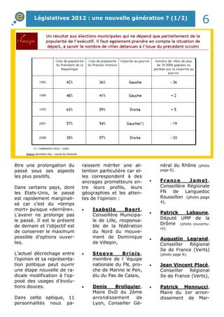 Législatives 2012 : une nouvelle génération ? (1/2) 6 
être une prolongation du 
passé sous ses aspects 
les plus positifs. 
Dans certains pays, dont 
les Etats-Unis, le passé 
est rapidement marginali-sé 
car c’est du «temps 
mort» puisque «derrière». 
L’avenir ne prolonge pas 
le passé. Il est le présent 
de demain et l’objectif est 
de conserver le maximum 
possible d’options ouver-tes. 
L’actuel décrochage entre 
l’opinion et sa représenta-tion 
politique peut ouvrir 
une étape nouvelle de ra-dicale 
modification à l’op-posé 
des usages d’évolu-tions 
douces. 
Dans cette optique, 11 
personnalités nous pa-raissent 
mériter une at-tention 
particulière car el-les 
correspondent à des 
ancrages prometteurs en-tre 
leurs profils, leurs 
géographies et les atten-tes 
de l’opinion : 
·  Isabelle Baert, 
Conseillère Municipa-le 
de Lille, responsa-ble 
de la fédération 
du Nord du mouve-ment 
de Dominique 
de Villepin, 
·  Steeve Briois, 
membre de l ‘équipe 
nationale du FN, pro-che 
de Marine le Pen, 
élu du Pas de Calais, 
·  Denis Broliquier, 
Maire DvD du 2ème 
arrondissement de 
Lyon, Conseiller Gé-néral 
du Rhône (photo 
page 8), 
·  France Jamet , 
Conseillère Régionale 
FN de Languedoc 
Roussillon (photo page 
4), 
·  Patrick Labaune, 
Député UMP de la 
Drôme (photo couvertu-re), 
·  Augustin Legrand, 
Conseiller Régional 
Ile de France (Verts) 
(photo page 9), 
·  Jean Vincent Placé, 
Conseiller Régional 
Ile de France (Verts), 
·  Patrick Mennucci, 
Maire du 1er arron-dissement 
de Mar- 
 