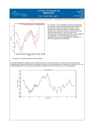 La lettre trimestrielle de
MERCATOR
No 4 - Janvier 2002 - page 7
CNES
CNRS/INSU
IFREMER
IRD
METEO-FRANCE
SHOM
Comparaison de niveau de la mer : la réanalyse contre 5 marégraphes (suite)
Si les lag-corrélations croisées entre les séries montrent un maximum pour un retard nul pour tous les autres
marégraphes, Ascension présente une corrélation croisée qui est maximale pour un retard de 2 semaines. Ceci est
vraisemblablement le fait du rappel dissipatif qui implique une latence dans le suivi de la climatologie :
En revanche, si l'on regarde les moyennes glissantes,
on constate un bon accord de phase des fluctuations.
Mis à part la montée en régime de 1993, on peut
surtout noter que la réanalyse ne présente pas de
tendance à la montée du niveau, comme cela est net
dans les observations. Il faut se souvenir que
Ascension est à quelques degrés de la zone de rappel à
la climatologie : il n'est pas surprenant que la
réanalyse n'ait guère de possibilités de s'éloigner du
cycle immuable de la climatologie.
 