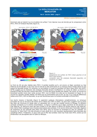 La lettre trimestrielle de
MERCATOR
No 8 - Janvier 2003 - page 4
CNES
CNRS/INSU
IFREMER
IRD
METEO-FRANCE
SHOM
PSY2v1 contre PSY1v1 (suite)
Comment cela se traduit-il sur la circulation de surface ? Une réponse nous est donnée par la comparaison entre
PSY1, PSY2 et l'analyse Reynolds (figure 4).
Le front du GS est plus réaliste dans PSY2. Il semble toutefois qu'il y ait encore un léger overshoot au Cap
Haterras (le GS décolle un peu trop vers le nord de la côte américaine) et un manque d'eaux froides depuis le cap
jusqu'à la Nouvelle Ecosse. En revanche, la recirculation à l'ouest du tourbillon de Mann (dans PSY2 vers 46°O-
42°N) suggère que la résolution des analyses Reynolds devient insuffisante à ce niveau de détail. La forme en
éventail du NAC est très bien rendue dans PSY2. Le front des Feroe semble très réaliste. Par contre, le Courant du
Groenland semble moins bien rendu qu'avec PSY1 (voir la MSSH à la côte est du Groenland en figure 3). Le
courant du Labrador semble réaliste, de même que sa confrontation avec le GS. Au sud, il n'y a pas de différences
nettes entre PSY1, PSY2 et Reynolds, ce qui est réconfortant pour la frontière artificielle à 9°N de PSY2.
Les écarts moyens à Reynolds (figure 5) apportent quelques informations complémentaires. La remarque
principale est que la structure des écarts est la même pour PSY1 et PSY2. On peut donc suggérer que la cause
des biais est commune et réside dans un paramètre qui n'a pas été modifié comme le forçage, la diffusion
verticale turbulente ou le schéma d'assimilation. La figure 5 confirme qu'un léger overshoot du GS persiste au
Cap Haterras. On découvre aussi des eaux froides à la côte depuis le détroit de Floride jusqu'au Cap Haterras.
Ceci mérite d'être investigué avec d'autres observations plus précises. Il en est de même pour l'anomalie négative
de l'extension du GS marquée dans PSY2 vers 50°O, pour le Courant du Groenland et celui du Labrador. En
revanche, le "biais froid" à la côte africaine et sans doute dû à une mauvaise représentation dans Reynolds des
upwellings côtiers. Finalement, on peut noter que la Mer des Caraïbes reste trop froide dans PSY2, tandis qu'une
amélioration est perceptible dans le Golfe du Mexique.
Figure 4 :
température de surface de PSY1 (haut gauche) et de
PSY2 (haut droite),
comparée avec les analyses Reynolds (gauche), en
moyenne sur 2002.
 