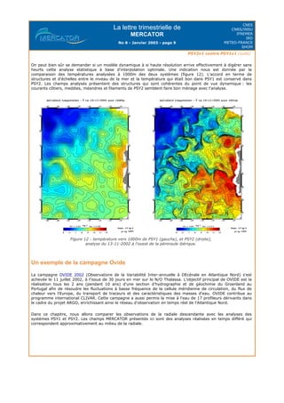 La lettre trimestrielle de
MERCATOR
No 8 - Janvier 2003 - page 9
CNES
CNRS/INSU
IFREMER
IRD
METEO-FRANCE
SHOM
PSY2v1 contre PSY1v1 (suite)
On peut bien sûr se demander si un modèle dynamique à si haute résolution arrive effectivement à digérer sans
heurts cette analyse statistique à base d'interpolation optimale. Une indication nous est donnée par la
comparaison des températures analysées à 1000m des deux systèmes (figure 12). L'accord en terme de
structures et d'échelles entre le niveau de la mer et la température qui était bon dans PSY1 est conservé dans
PSY2. Les champs analysés présentent des structures qui sont cohérentes du point de vue dynamique : les
courants côtiers, meddies, méandres et filaments de PSY2 semblent faire bon ménage avec l'analyse.
Figure 12 : température vers 1000m de PSY1 (gauche), et PSY2 (droite),
analyse du 13-11-2002 à l'ouest de la péninsule ibérique.
Un exemple de la campagne Ovide
La campagne OVIDE 2002 (Observatoire de la Variabilité Inter-annuelle à DEcénale en Atlantique Nord) s'est
achevée le 11 juillet 2002, à l'issue de 30 jours en mer sur le N/O Thalassa. L'objectif principal de OVIDE est la
réalisation tous les 2 ans (pendant 10 ans) d'une section d'hydrographie et de géochimie du Groenland au
Portugal afin de résoudre les fluctuations à basse fréquence de la cellule méridienne de circulation, du flux de
chaleur vers l'Europe, du transport de traceurs et des caractéristiques des masses d'eau. OVIDE contribue au
programme international CLIVAR. Cette campagne a aussi permis la mise à l'eau de 17 profileurs dérivants dans
le cadre du projet ARGO, enrichissant ainsi le réseau d'observation en temps réel de l'Atlantique Nord.
Dans ce chapitre, nous allons comparer les observations de la radiale descendante avec les analyses des
systèmes PSY1 et PSY2. Les champs MERCATOR présentés ici sont des analyses réalisées en temps différé qui
correspondent approximativement au milieu de la radiale.
 