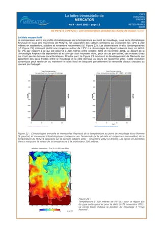 La lettre trimestrielle de
MERCATOR
No 9 - Avril 2003 - page 12
CNES
CNRS/INSU
IFREMER
IRD
METEO-FRANCE
SHOM
De PSY1v1 à PSY2v1 : une amelioration sensible du champ de masse (suite)
Le biais moyen froid
La comparaison entre les profils climatologiques de la température au point de mouillage, issus de la climatologie
Reynaud et issus des moyennes de PSY2v1, fait apparaître des valeurs similaires qui avoisinent les 12°C à 200
mètres en septembre, octobre et novembre notamment (cf. Figure 22). Les observations in-situ contemporaines
(cf. Figure 21) indiquent plutôt une moyenne autour de 13°C. La climatologie de départ présente donc un déficit
de 1°C par rapport à ce qui est observé à 200 mètres entre octobre 2001 et novembre 2002. Le départ de la
climatologie Reynaud de septembre et le spin-up court imposent donc, pour ce cas particulier, des masses d'eau
qui n'ont pas les bonnes caractéristiques. D'autre part, la Figure 23 montrent le développement de filaments qui
apportent des eaux froides entre le mouillage et la côte ibérique au cours de l'automne 2001. Cette évolution
dynamique peut renforcer ou maintenir le biais froid en bloquant partiellement la remontée d'eaux chaudes du
courant du Portugal.
Figure 22 : Climatologies annuelle et mensuelles Reynaud de la température au point de mouillage Yoyo Pomme
(à gauche) et moyennes climatologiques (moyenne sur l'ensemble de la période et moyennes mensuelles) de la
température de PSY2v1 calculées sur la période octobre 2001 - novembre 2002 (à droite). Les lignes en pointillés
blancs marquent la valeur de la température à la profondeur 200 mètres.
Figure 23 :
Température à 300 mètres de PSY2v1 pour la région Est
du gyre subtropical et pour la date du 21 novembre 2001.
Le cercle blanc indique la position du mouillage 4 "Yoyo
Pomme".
 