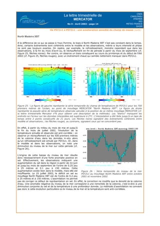 La lettre trimestrielle de
MERCATOR
No 9 - Avril 2003 - page 14
CNES
CNRS/INSU
IFREMER
IRD
METEO-FRANCE
SHOM
De PSY1v1 à PSY2v1 : une amelioration sensible du champ de masse (suite)
North Madeira XBT
A la différence de ce qui se passe à Yoyo Pomme, le biais à North Madeira XBT n'est pas constant dans le temps.
Ainsi, certains évènements sont cohérents entre le modèle et les observations, même si leurs intensité et phase
ne sont pas toujours exactes. On repère, par exemple, le refroidissement, moindre cependant que dans les
observations, à la fin du mois d'avril ou, le réchauffement en fin de période à partir du mois de septembre (cf.
Figure 25, flèches noires). Par contre, on observe un biais conséquent au cours du printemps et du début de l'été
2002 (cf. Figure 25, flèches rouges), avec un évènement chaud qui semble nettement manquer dans PSY2v1.
Figure 25 : La figure de gauche représente la série temporelle du champ de température de PSY2v1 pour les 700
premiers mètres de l'océan, au point de mouillage MERCATOR "North Madeira XBT". La figure de droite
représente la pseudo-série de température observée calculée à la position de ce même mouillage MERCATOR (cf.
la lettre trimestrielle Mercator n°6 pour obtenir une description de la méthode). Les "blancs" marquent les
endroits où l'erreur sur les données interpolées est supérieure à 2°C. L'interpolation a été faite jusqu'à un laps de
temps entre 2 points consécutifs de 21 jours. Les flèches noires signalent des évènements cohérents entre
modèle et observations ; les flèches rouges, au contraire, signalent ceux qui ne concordent pas.
En effet, à partir du milieu du mois de mai et jusqu'à
la fin du mois de juillet 2002, l'évolution de la
température simulée et observée est anti-corrélée : on
observe un réchauffement sur les 500 premiers mètres
de la colonne d'eau dans les données in-situ alors
qu'un refroidissement est simulé par PSY2v1. Or, dans
le modèle et dans les observations, on note une
diminution du niveau de la mer sur cette période (cf.
Figure 26).
L'origine de cette baisse du niveau de mer résulte
donc nécessairement d'une forte anomalie positive en
sel. Effectivement, les observations indiquent une
augmentation du sel dans la région à partir de mi-juin
et jusqu'au mois de septembre de l'ordre de 0.25 psu
à 25 mètres et 0.1 psu à 150 mètres. Cette
augmentation existe bien dans le modèle, mais elle est
insuffisante. Le 25 juillet 2002, le déficit en sel au
mouillage North Madeira XBT est de l'ordre de 0.2 psu
à 25 mètres et à 150 mètres. L'assimilation ne permet
pas de corriger ce défaut de représentation en sel. En effet, la correction ne modifie que la densité de la colonne
d'eau. Une anomalie négative du niveau de la mer correspond à une remontée de la colonne, c'est-à-dire à une
diminution conjointe du sel et de la température à une profondeur donnée. La méthode d'assimilation ne convient
pas donc à cette évolution particulière où le niveau de la mer et la température sont anti-corrélées.
Figure 26 : Série temporelle du niveau de la mer
PSY2v1 au mouillage North Madeira XBT entre octobre
2001 et novembre 2002.
 