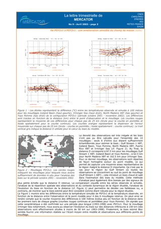 La lettre trimestrielle de
MERCATOR
No 9 - Avril 2003 - page 3
CNES
CNRS/INSU
IFREMER
IRD
METEO-FRANCE
SHOM
De PSY1v1 à PSY2v1 : une amelioration sensible du champ de masse (suite)
Figure 1 : Les étoiles représentent la différence (°C) entre les températures observée et simulée à 100 mètres
pour les mouillages Iceland Basin (haut gauche), Irminger Sea (haut droit), North Madeira XBT (bas gauche) et
Yoyo Pomme (bas droit) de la configuration PSY2v1 (période octobre 2001 - novembre 2002). Les différences
sont tracées en fonction de la distance (km) entre le point d'observation et le mouillage. Les courbes rouges
représentent la moyenne de ces différences pour chaque pas de 25 km (brute pour la courbe en pointillés et
lissée spatialement pour la courbe continue). Les courbes oranges représentent la dispersion de l'erreur
moyennée sur chaque pas de 25 km (brute : courbe en pointillés ; lissée spatialement : courbe continue). Le trait
vertical gris indique la distance D utilisée pour le calcul du biais du modèle.
La densité des observations est très inégale et les biais
n'ont pas pu être calculés pour l'ensemble des 14
mouillages : seuls 6 d'entre eux étaient suffisamment
échantillonnés pour estimer le biais : Gulf Stream 1 XBT,
Iceland Basin, Yoyo Pomme, North Madeira XBT, Puerto
Rico XBT et Irminger Sea (cf. Figure 2). Au final, la
distance D correspond à 87.5 km pour les mouillages Gulf
Stream 1 XBT, Iceland Basin et Yoyo Pomme ; à 62.5 km
pour North Madeira XBT et 162.5 km pour Irminger Sea.
Pour ce dernier mouillage, les observations sont réparties
de façon homogène autour du point modèle, ce qui
permet de capturer une moyenne assez représentative de
la région malgré la distance D importante. Ça n'est pas le
cas pour la région du Gulf Stream où toutes les
observations se concentrent au sud du point de mouillage
(Gulf Stream 1 XBT) ; cela introduit un biais chaud et salé
dans l'estimation des biais du modèle. Cette méthode
d'analyse peut également être biaisée par des signaux de
plus petite échelle que la distance D retenue. La comparaison visuelle entre les séries observée et simulée,
l'analyse de la répartition spatiale des observations et du contexte dynamique de la région étudiée, l'analyse de
l'évolution du biais en fonction de la distance (cf. Figure 1) peut permettre de déceler ces faiblesses ou, a
contrario, de montrer que le biais estimé peut être considéré comme étant robuste pour la région étudiée.
La Figure 1 montre ainsi les différences entre la température simulée de PSY2v1 et la température observée, en
fonction de la distance entre l'observation et le point modèle pour 4 des 6 mouillages retenus. On peut ainsi se
rendre compte que la courbe moyenne des différences à 100 mètres évolue peu en fonction de la distance dans
les premiers tiers de chaque graphe (courbes rouges continues et pointillées pour Yoyo Pomme). On signale que
cette caractéristique a été confirmée sur une période plus longue (1993-1998) avec PSY1v1. Pour le mouillage
Irminger Sea notamment, nous avons pu observer l'évolution du biais sur des distances inférieures à 100 km (des
observations sont effectivement situées à moins de 50 km sur 1993-1998). Finalement, le biais estimé Bloc
semble fournir une information réaliste sur l'écart moyen entre modèle et observations aux différents points de
mouillage.
Figure 2 : Mouillages PSY2v1. Les cercles rouges
indiquent les mouillages pour lesquels nous avions
suffisamment de données in-situ pour l'analyse des
biais sur la période octobre 2001 - novembre 2002.
 