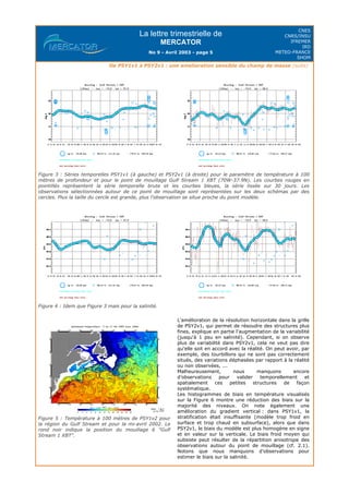La lettre trimestrielle de
MERCATOR
No 9 - Avril 2003 - page 5
CNES
CNRS/INSU
IFREMER
IRD
METEO-FRANCE
SHOM
De PSY1v1 à PSY2v1 : une amelioration sensible du champ de masse (suite)
Figure 3 : Séries temporelles PSY1v1 (à gauche) et PSY2v1 (à droite) pour le paramètre de température à 100
mètres de profondeur et pour le point de mouillage Gulf Stream 1 XBT (70W-37.9N). Les courbes rouges en
pointillés représentent la série temporelle brute et les courbes bleues, la série lissée sur 30 jours. Les
observations sélectionnées autour de ce point de mouillage sont représentées sur les deux schémas par des
cercles. Plus la taille du cercle est grande, plus l'observation se situe proche du point modèle.
Figure 4 : Idem que Figure 3 mais pour la salinité.
Figure 5 : Température à 100 mètres de PSY1v2 pour
la région du Gulf Stream et pour la mi-avril 2002. Le
rond noir indique la position du mouillage 6 "Gulf
Stream 1 XBT".
L'amélioration de la résolution horizontale dans la grille
de PSY2v1, qui permet de résoudre des structures plus
fines, explique en partie l'augmentation de la variabilité
(jusqu'à 1 psu en salinité). Cependant, si on observe
plus de variabilité dans PSY2v1, cela ne veut pas dire
qu'elle soit en accord avec la réalité. On peut avoir, par
exemple, des tourbillons qui ne sont pas correctement
situés, des variations déphasées par rapport à la réalité
ou non observées, ...
Malheureusement, nous manquons encore
d'observations pour valider temporellement et
spatialement ces petites structures de façon
systématique.
Les histogrammes de biais en température visualisés
sur la Figure 6 montre une réduction des biais sur la
majorité des niveaux. On note également une
amélioration du gradient vertical : dans PSY1v1, la
stratification était insuffisante (modèle trop froid en
surface et trop chaud en subsurface), alors que dans
PSY2v1, le biais du modèle est plus homogène en signe
et en valeur sur la verticale. Le biais froid moyen qui
subsiste peut résulter de la répartition anisotrope des
observations autour du point de mouillage (cf. 2.1).
Notons que nous manquons d'observations pour
estimer le biais sur la salinité.
 