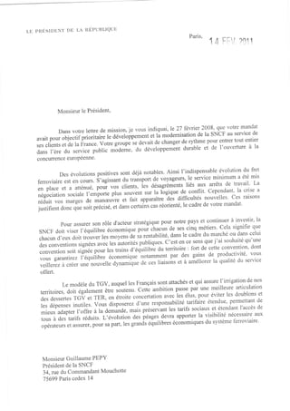 Lettre de Nicolas Sarkozy a Guillaume Pepy