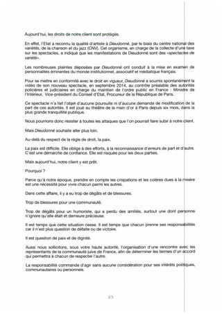 Lettre des avocats de Dieudonné au ministre de l'Intérieur.