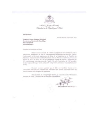 Lettre du President Michel Martelly en Date du 9 juillet 2012 Demandant au President du Senat de Choisir les 3 Membres Devant Representer le Parlement au CEP