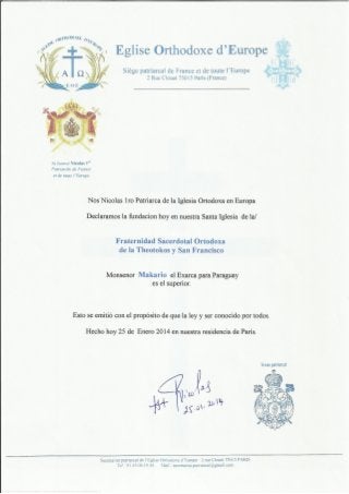 Lettre creacion de la  fraternidad  sacerdotal de la theotokos y San francisco, en Argentina y Paraguay