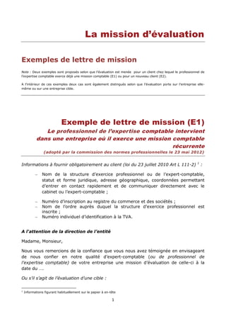 1
La mission d’évaluation
Exemples de lettre de mission
Note : Deux exemples sont proposés selon que l’évaluation est mené...