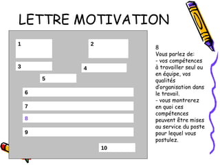 LETTRE MOTIVATION 1 3 7 6 8 9 10 2 5 4 8 Vous parlez de: - vos compétences à travailler seul ou en équipe, vos qualités d’organisation dans le travail. - vous montrerez en quoi ces compétences peuvent être mises au service du poste pour lequel vous postulez. 