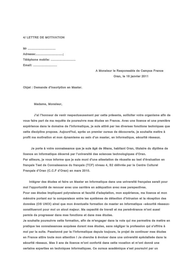 Lettre De Motivation Master