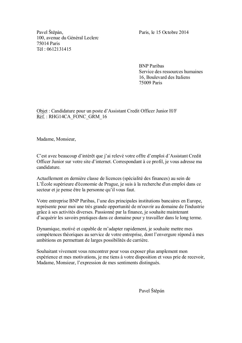 Lettre de Motivation Pavel Stepan