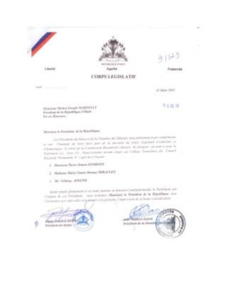 Lettre du Corps Législatif d'Haiti Désignant ses 3 Membres au CTEP