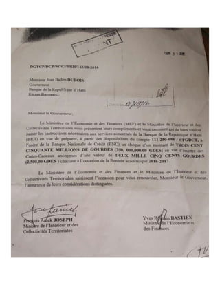 Haiti: Lettre du Ministre de l'Intérieur Anick Francois Sollicitant 300 Millions de Gourdes pour Cadeaux Anonymes