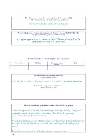 10
Nombre de patients / observations prévu(e)s à recruter (NP)
(3 chiffres et Justification de la taille de l’échantillon maximum 80 mots)
1000 PARTURIENTES- 1000 NOUVEAUX NES
Nombre de patients / observations à recruter / mois / centre ((NP/DUR)/NC)
(2 chiffres + justification si plus de 2 patients/mois/centre)
4 couples « parturiente et enfant » /Mois/Centre de type 3 ou 2b
(Sur 24 mois et sur 10 à 12 centres)
Nombre attendu de patients éligibles dans les centres
Nom, Prénom Ville, Pays Recrutement attendu
par mois
Total
Participation d’un réseau de recherche
(Préciser, maximum 32 mots)
(REPERE : RESEAU DE PERINATALITE DE LA REUNION : en attente de l’accord)
Participation de partenaires industriels
(Préciser, maximum 64 mots)
Autres éléments garantissant la faisabilité du projet
Volonté marquée des praticiens de neonatologie, des sages femmes, des gyneco-
obstétriciens et des anesthésistes réanimateurs d’améliorer les pratiques
quotidiennes dans ce domaine innovant.
Prise de conscience d’un réel effet bénéfique pour la santé du futur enfant et pour
conséquence une diminution des coûts de prise en charge des handicaps post
nataux.
Recherche internationale actuellement très active sur ce thème.
 