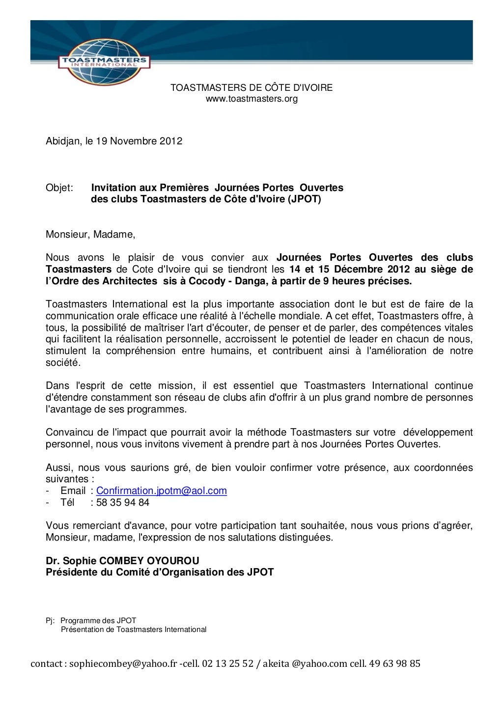 Lettre invitation JPOT