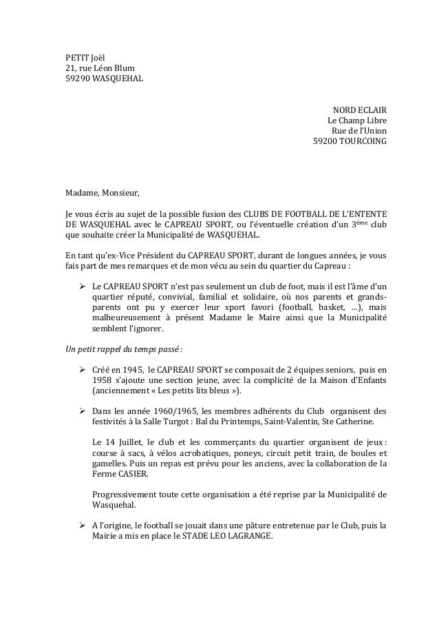 Lettre Joel Petit Capreau Wasquehal