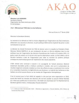 Lettre de AKAO à Luis Almagro, secrétaire général de l'OEA