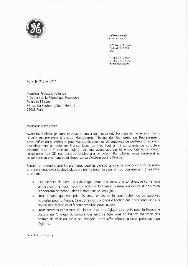 La lettre du PDG de General electric à François Hollande