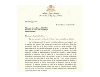 Reponse du President Miche Martelly au President du Sénat,  22 aout 2014