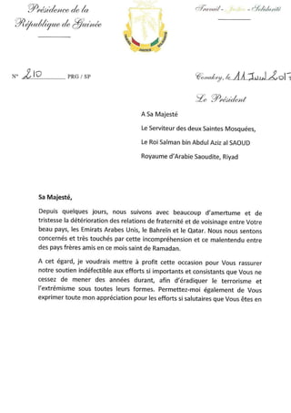 Lettre du président Alpha Condé au serviteur des deux Saintes mosquées, le roi Salman Ben Abdoul Aziz Al Saoud