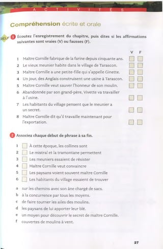 Compréhension écrite et orale
0 Écoutez l’enregistrement du chapitre, puis dites si les affirmations
suivantes sont vraies (V) ou fausses (F).
V F
1 Maître Cornille fabrique de la farine depuis cinquante ans. □ □
2 Le vieux meunier habite dans le village de Tarascon. □ □
3 Maître Cornille a une petite-fille qui s’appelle Ginette. □ □
4 Un jour, des Anglais construisent une usine à Tarascon. □ □
5 Maître Cornille veut sauver l’honneur de son moulin. □ □
6 Abandonnée par son grand-père, Vivette va travailler
à l’usine. □ □
7 Les habitants du village pensent que le meunier a
un secret. □ □
8 Maître Cornille dit qu’il travaille maintenant pour
l’exportation. □ □
Associez chaque début de phrase à sa fin.
1 À cette époque, les collines sont
2 ] Le mistral et la tram ontane permettent
3 Les meuniers essaient de résister
4 | Maître Cornille veut convaincre
5 | | Les paysans voient souvent maître Cornille
6 Les habitants du village essaient de trouver
a sur les chemins avec son âne chargé de sacs.
b à la concurrence par tous les moyens.
c de faire tourner les ailes des moulins.
d les paysans de lui apporter leur blé.
e un moyen pour découvrir le secret de maître Cornille.
f couvertes de moulins à vent.
27
 