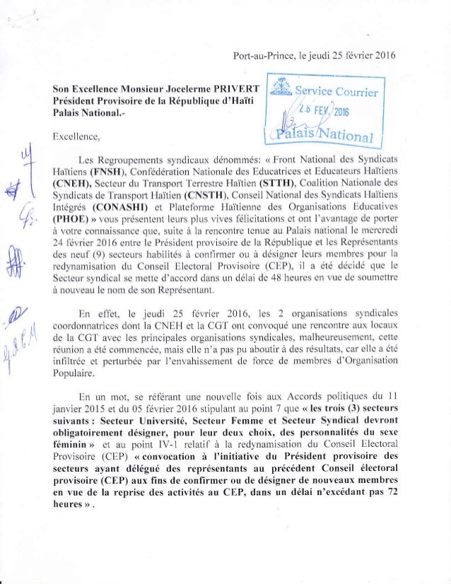 deuxieme lettre du secteur syndical au president a i privert pour co