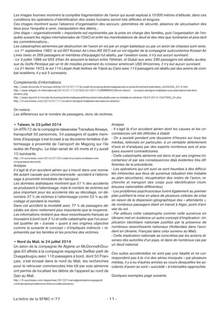 Les images fournies montrent la complète fragmentation de l’avion qui aurait explosé à 10000 mètres d’altitude, dans ces 
conditions les opérations d’identification des restes humains seront très difficiles et longues. 
Ces images montrent aussi l’absence d’organisation des secours : périmètres de sécurité, absence de sécurisation des 
lieux pour l’enquête à venir, manipulation des débris… 
Une étape « organisationnelle » importante est représentée par la prise en charge des familles, puis l’organisation de l’en-quête 
suivant les règles internationales de l’OACI et enfin les manifestations de deuil et des rites que funéraires et plus tard 
les commémorations… 
Les catastrophes aériennes par destruction de l’avion en vol par un engin balistique ou par un avion de chasses sont rares. 
- Le 1er septembre 1983: le vol 007 Korean Air Lines (KE 007) est un vol régulier de la compagnie sud-coréenne Korean Air 
Lines (avec et 269 passagers et membres d'équipage) fut abattu, par l’aviation russe, il n'y eut aucun survivant. 
- Le 3 juillet 1988 vol 655 d'Iran Air assurant la liaison entre Téhéran, et Dubaï aux avec 290 passagers est abattu au-des-sus 
du Golfe Persique par un tir de missiles provenant du croiseur américain USS Vincennes, il n’y eut aucun survivant. 
- Le 21 février 1973, le vol 114 Libyan Arab Airlines de Tripoli au Caire avec 113 passagers est abattu par des avions de com-bat 
israéliens, il y eut 5 survivants. 
Compléments d’informations 
http://www.lemonde.fr/europe/article/2014/07/17/le-crash-du-boeing-de-la-malaysia-est-un-acte-forcement-volontaire_4459209_3214.htm 
http://www.lefigaro.fr/international/2014/07/17/01003-20140717LIVWWW00286-en-direct- -un-avion-de-ligne-malaisien-s-ecrase-dans-l-est-de-l-ukraine. 
php 
http://www.lepoint.fr/monde/le-boeing-de-la-malaysia-airlines-a-bien-ete-abattu-par-un-missile-en-ukraine-18-07-2014-1847068_24.php 
http://fr.euronews.com/2014/07/17/un-avion-de-ligne-malaisien-secrase-en-ukraine/ 
On notera: 
Les différences sur le nombre de passagers, donc de victimes. 
• Taïwan, le 23 juillet 2014 
Un ATR-72 de la compagnie taïwanaise TransAsia Airways, 
transportait 58 personnes, 54 passagers et quatre mem-bres 
d’équipage s’est écrasé à sa deuxième tentative d’at-terrissage 
à proximité de l’aéroport de Magong sur l’île 
isolée de Penghu. Le bilan serait de 48 morts et il y aurait 
10 survivants. 
http://fr.euronews.com/2014/07/23/crash-d-un-avion-a-taiwan-une-cinquantaine- 
de-morts 
Analyse 
Il s’agit là d’un accident aérien qui s’inscrit dans une norma-lité 
autant causale que circonstancielle: accident à l’atterris-sage 
à proximité immédiate de l’aéroport. 
Les données statistiques montrent que 51 % des accidents 
se produisent à l’atterrissage, mais le nombre de victimes est 
plus important pour les accidents liés au décollage, on dé-nombre 
37 % de victimes à l’atterrissage contre 53 % au dé-collage 
et pendant la montée. 
Dans cet accident la mortalité avec 77 % de passagers dé-cédés 
est donc nettement plus importante que la moyenne. 
Les informations révèlent que deux ressortissants français se 
trouvaient à bord (soit 3 %) et cette catastrophe que l’on pour-rait 
qualifier de « banale » quant à ses origines objective 
comme la suivante le concept « d’impliqués indirects » re-présentés 
par les familles et les proches des victimes. 
• Nord du Mali, le 24 juillet 2014 
Un avion de la compagnie Air Algérie un McDonnell-Dou-glas 
83 affrété à la compagnie espagnole Swiftair parti de 
Ouagadougou avec 116 passagers à bord, dont 50 Fran-çais, 
s’est écrasé dans le nord du Mali, les recherches 
pour le retrouver commencées très tôt par voie aérienne 
ont permis de localiser les débris de l’appareil au nord de 
Gao au Mali. 
http://fr.euronews.com/depeches/2613274-air-algerie-lavion-espagnol-controle- 
sans-probleme-en-france-cette-semaine/ 
Analyse 
- Il s’agit là d’un accident aérien dont les causes et les cir-constances 
ont été difficiles à établir 
- On a assisté pendant une douzaine d’heures sur tous les 
médias, télévisés en particulier, à un véritable déferlement 
d’avis et d’analyses par des experts nombreux avis et ana-lyses 
souvent contradictoires. 
- Cette catastrophe aérienne est donc et par ses origines (in-certaines) 
et par ses conséquences déjà évidentes très dif-férentes 
de la précédente. 
- Les opérations qui ont suivi se sont heurtées à des difficul-tés 
inhérentes aux lieux de survenue (situation très instable 
au plan sécuritaire), récupération des restes de l’avion, re-cherche 
et transport des corps puis identification (nom-breuses 
nationalités différentes). 
- Les problèmes psychosociaux furent également au premier 
plan justifiant la mise en place de plusieurs cellules de crise 
en raison de la dispersion géographique des « attendants », 
de nombreux passagers étant en transit à Alger, point d’arri-vée 
du vol. 
- Par ailleurs cette catastrophe comme celle survenue en 
Ukraine met en évidence un autre concept d’implication: im-plication 
identitaire nationale justifiée par la présence de 
nombreux ressortissants nationaux (Hollandais dans l’acci-dent 
en Ukraine, Français dans celui survenu au Mali). 
- Cette implication nationale se concrétise par les actions di-verses 
des autorités d’un pays, et dans de nombreux cas par 
un deuil national. 
Ces suites accidentelles ne sont pas une fatalité et ne cor-respondent 
pas à la «loi des séries invoquée » par plusieurs 
médias, il y a eu d’autres années au cours desquelles les ac-cidents 
d’avion se sont « succédé » à intervalles rapprochés. 
Quelques exemples page suivante. 
La lettre de la SFMC n°77 - 11 - 
 