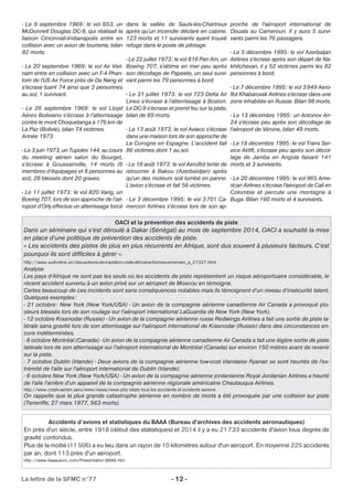 - Le 9 septembre 1969: le vol 853, un 
McDonnell Douglas DC-9, qui réalisait la 
liaison Cincinnati-Indianapolis entre en 
collision avec un avion de tourisme, bilan 
82 morts. 
- Le 20 septembre 1969: le vol Air Viet-nam 
entre en collision avec un F-4 Phan-tom 
de l'US Air Force près de Da Nang et 
s'écrase tuant 74 ainsi que 2 personnes 
au sol, 1 survivant. 
- Le 26 septembre 1969: le vol Lloyd 
Aéreo Boliviano s'écrase à l’atterrissage 
contre le mont Choquetanga à 176 km de 
La Paz (Bolivie), bilan 74 victimes. 
Année 1973 
- Le 3 juin 1973, un Tupolev 144, au cours 
du meeting aérien salon du Bourget, 
s’écrase à Goussainville, 14 morts (6 
membres d’équipages et 8 personnes au 
sol), 28 blessés dont 20 graves. 
- Le 11 juillet 1973: le vol 820 Varig, un 
Boeing 707, lors de son approche de l’aé-roport 
d’Orly effectue un atterrissage forcé 
dans la vallée de Saulx-les-Chartreux 
après qu’un incendie déclaré en cabine. 
123 morts et 11 survivants ayant trouvé 
refuge dans le poste de pilotage. 
- Le 22 juillet 1973: le vol 816 Pan Am, un 
Boeing 707, s'abîme en mer peu après 
son décollage de Papeete, un seul survi-vant 
parmi les 79 personnes à bord. 
- Le 31 juillet 1973: le vol 723 Delta Air 
Lines s'écrase à l'atterrissage à Boston. 
Le DC-9 s'écrase et prend feu sur la piste, 
bilan de 89 morts. 
- Le 13 août 1973: le vol Aviaco s'écrase 
dans une maison lors de son approche de 
La Corogne en Espagne. L'accident fait 
86 victimes dont 1 au sol. 
- Le 18 août 1973: le vol Aeroflot tente de 
retourner à Bakou (Azerbaïdjan) après 
qu'un des moteurs soit tombé en panne. 
L'avion s'écrase et fait 56 victimes. 
- Le 3 décembre 1995: le vol 3701 Ca-meroon 
Airlines s'écrase lors de son ap-proche 
La lettre de la SFMC n°77 - 12 - 
de l'aéroport international de 
Douala au Cameroun. Il y aura 5 survi-vants 
parmi les 76 passagers. 
- Le 5 décembre 1995: le vol Azerbaijan 
Airlines s'écrase après son départ de Na-khitchevan, 
il y 52 victimes parmi les 82 
personnes à bord. 
- Le 7 décembre 1995: le vol 3949 Aero-flot 
Khabarovsk Airlines s'écrase dans une 
zone inhabitée en Russie. Bilan 98 morts. 
- Le 13 décembre 1995: un Antonov An- 
24 s'écrase peu après son décollage de 
l'aéroport de Vérone, bilan 49 morts. 
- Le 18 décembre 1995: le vol Trans Ser-vice 
Airlift, s'écrase peu après son décol-lage 
de Jamba en Angola faisant 141 
morts et 3 survivants. 
- Le 20 décembre 1995: le vol 965 Ame-rican 
Airlines s'écrase l'aéroport de Cali en 
Colombie et percute une montagne à 
Buga. Bilan 160 morts et 4 survivants. 
OACI et la prévention des accidents de piste 
Dans un séminaire qui s’est déroulé à Dakar (Sénégal) au mois de septembre 2014, OACI a souhaité la mise 
en place d’une politique de prévention des accidents de piste. 
« Les accidents des pistes de plus en plus récurrents en Afrique, sont dus souvent à plusieurs facteurs. C’est 
pourquoi ils sont difficiles à gérer ». 
http://www.sudonline.sn/des-acteurs-de-l-aviation-civile-africaine-formes-a-l-ernam_a_21327.html 
Analyse 
Les pays d’Afrique ne sont pas les seuls où les accidents de piste représentent un risque aéroportuaire considérable, le 
récent accident survenu à un avion privé sur un aéroport de Moscou en témoigne. 
Certes beaucoup de ces incidents sont sans conséquences notables mais ils témoignent d’un niveau d’insécurité latent. 
Quelques exemples : 
- 21 octobre: New York (New York/USA) - Un avion de la compagnie aérienne canadienne Air Canada a provoqué plu-sieurs 
blessés lors de son roulage sur l'aéroport international LaGuardia de New York (New York). 
- 12 octobre Krasnodar (Russie) - Un avion de la compagnie aérienne russe Redwings Airlines a fait une sortie de piste la-térale 
sans gravité lors de son atterrissage sur l'aéroport international de Krasnodar (Russie) dans des circonstances en-core 
indéterminées. 
- 8 octobre Montréal (Canada) - Un avion de la compagnie aérienne canadienne Air Canada a fait une légère sortie de piste 
latérale lors de son atterrissage sur l'aéroport international de Montréal (Canada) sur environ 150 mètres avant de revenir 
sur la piste. 
- 7 octobre Dublin (Irlande) - Deux avions de la compagnie aérienne low-cost irlandaise Ryanair se sont heurtés de l'ex-trémité 
de l'aile sur l'aéroport international de Dublin (Irlande). 
- 6 octobre New York (New York/USA) - Un avion de la compagnie aérienne jordanienne Royal Jordanian Airlines a heurté 
de l'aile l'arrière d'un appareil de la compagnie aérienne régionale américaine Chautauqua Airlines. 
http://www.crash-aerien.aero/www/news/news.php relate tous les accidents et incidents aeriens 
On rappelle que la plus grande catastrophe aérienne en nombre de morts a été provoquée par une collision sur piste 
(Teneriffe, 27 mars 1977, 563 morts). 
Accidents d’avions et statistiques du BAAA (Bureau d'archives des accidents aéronautiques) 
En près d'un siècle, entre 1918 (début des statistiques) et 2014 il y a eu 21733 accidents d'avion tous degrés de 
gravité confondus. 
Plus de la moitié (11506) a eu lieu dans un rayon de 10 kilomètres autour d'un aéroport. En moyenne 225 accidents 
par an, dont 113 près d'un aéroport. 
http://www.baaa-acro.com/Presentation BAAA.htm 
 