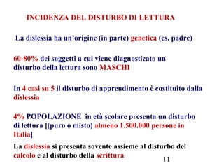 11
4% POPOLAZIONE in età scolare presenta un disturbo
di lettura [(puro o misto) almeno 1.500.000 persone in
Italia]
60-80% dei soggetti a cui viene diagnosticato un
disturbo della lettura sono MASCHI
In 4 casi su 5 il disturbo di apprendimento è costituito dalla
dislessia
La dislessia ha un’origine (in parte) genetica (es. padre)
La dislessia si presenta sovente assieme al disturbo del
calcolo e al disturbo della scrittura
INCIDENZA DEL DISTURBO DI LETTURA
 