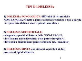 6
TIPI DI DISLESSIA
1) DISLESSIA FONOLOGICA:difficoltà di lettura delle
NON-PAROLE, rispetto a parole a bassa frequenza d’uso e parole
irregolari (in italiano sono le parole accentate).
2) DISLESSIA SUPERFICIALE:
•adeguata capacità di lettura delle NON-PAROLE;
• inefficienza nella decodifica delle parole irregolari;
•difficoltà a discriminare parole omofone (es. l’uva/luva)
3) DISLESSIA MISTA:con sintomi ascrivibili ai due
precedenti tipi di dislessia.
 