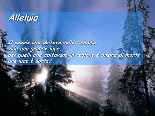 Alleluia

Il popolo che abitava nelle tenebre
vide una grande luce,
per quelli che abitavano in regione e ombra di morte
una luce è sorta.
 