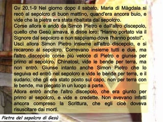 Gv 20,1-9 Nel giorno dopo il sabato, Maria di Màgdala si
     recò al sepolcro di buon mattino, quand'era ancora buio, e
     vide che la pietra era stata ribaltata dal sepolcro.
     Corse allora e andò da Simon Pietro e dall'altro discepolo,
     quello che Gesù amava, e disse loro: “Hanno portato via il
     Signore dal sepolcro e non sappiamo dove l'hanno posto!”.
     Uscì allora Simon Pietro insieme all'altro discepolo, e si
     recarono al sepolcro. Correvano insieme tutti e due, ma
     l'altro discepolo corse più veloce di Pietro e giunse per
     primo al sepolcro. Chinatosi, vide le bende per terra, ma
     non entrò. Giunse intanto anche Simon Pietro che lo
     seguiva ed entrò nel sepolcro e vide le bende per terra, e il
     sudario, che gli era stato posto sul capo, non per terra con
     le bende, ma piegato in un luogo a parte.
     Allora entrò anche l'altro discepolo, che era giunto per
     primo al sepolcro, e vide e credette. Non avevano infatti
     ancora compreso la Scrittura, che egli cioè doveva
     risuscitare dai morti.
Pietra del sepolcro di Gesù
 