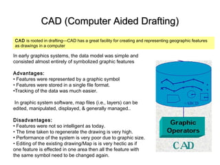CAD (Computer Aided Drafting)CAD (Computer Aided Drafting)
CAD is rooted in drafting—CAD has a great facility for creating and representing geographic features
as drawings in a computer
In early graphics systems, the data model was simple and
consisted almost entirely of symbolized graphic features
Advantages:
• Features were represented by a graphic symbol
• Features were stored in a single file format.
•Tracking of the data was much easier.
In graphic system software, map files (i.e., layers) can be
edited, manipulated, displayed, & generally managed..
Disadvantages:
• Features were not so intelligent as today.
• The time taken to regenerate the drawing is very high.
• Performance of the system is very poor due to graphic size.
• Editing of the existing drawing/Map is is very hectic as if
one feature is effected in one area then all the feature with
the same symbol need to be changed again.
 