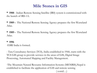  1988 - Indian Remote Sensing Satellite (IRS) system is commissioned with
the launch of IRS-1A.
 1989 - The National Remote Sensing Agency prepares the first Wasteland
Atlas. 
 1989 - The National Remote Sensing Agency prepares the first Wasteland
Atlas.
 1996
-ESRI India is formed.
- Tata Consultancy Services (TCS), India established in 1968, starts with the
TCS GIS group to provide services in the areas of GIS, Digital Image
Processing, Automated Mapping and Facility Management.
-The Mountain Natural Resource Information Systems (MENRIS),Nepal is
established to facilitate the application of GIS and remote sensing
( contd…)
Mile Stones in GIS
 
