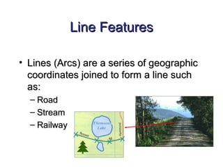 Line FeaturesLine Features
• Lines (Arcs) are a series of geographicLines (Arcs) are a series of geographic
coordinates joined to form a line suchcoordinates joined to form a line such
as:as:
– RoadRoad
– StreamStream
– RailwayRailway
 