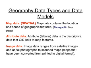 Geography Data Types and Data
Models
Map data. (SPATIAL) Map data contains the location
and shape of geographic features. (CartographicCartographic (Map(Map
Data)Data))
Attribute data. Attribute (tabular) data is the descriptive
data that GIS links to map features.
Image data. Image data ranges from satellite images
and aerial photographs to scanned maps (maps that
have been converted from printed to digital format).
 