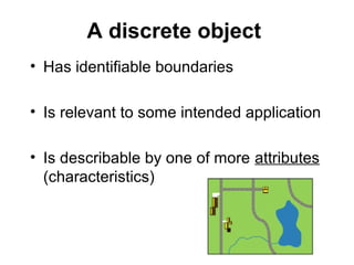 A discrete object
• Has identifiable boundaries
• Is relevant to some intended application
• Is describable by one of more attributes
(characteristics)
 