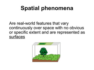 Spatial phenomena
Are real-world features that vary
continuously over space with no obvious
or specific extent and are represented as
surfaces
 