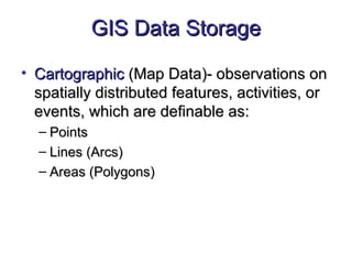 GIS Data StorageGIS Data Storage
• CartographicCartographic (Map Data)- observations on(Map Data)- observations on
spatially distributed features, activities, orspatially distributed features, activities, or
events, which are definable as:events, which are definable as:
– PointsPoints
– Lines (Arcs)Lines (Arcs)
– Areas (Polygons)Areas (Polygons)
 