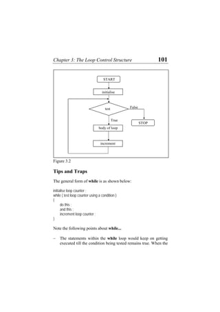 Chapter 3: The Loop Control Structure 101
test False
START
i
body of loop
True
increment
STOP
nitialise
Figure 3.2
Tips and Traps
The general form of while is as shown below:
initialise loop counter ;
increment loop counter ;
o about while...
The statements within the while loop would keep on getting
d remains true. When the
while ( test loop counter using a condition )
{
do this ;
and this ;
}
N te the following points
−
executed till the condition being teste
 