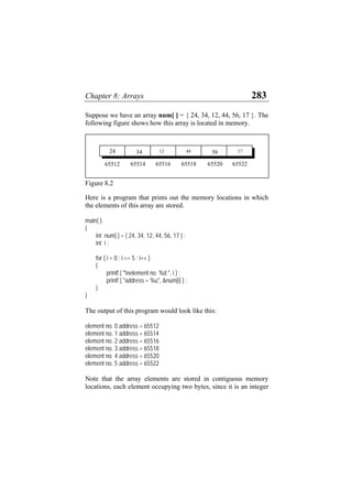 Chapter 8: Arrays 283
Suppose we have an array num[ ] = { 24, 34, 12, 44, 56, 17 }. The
following figure shows how this array is located in memory.
655226552065518655166551465512
175644123424
Figure 8.2
Here is a program that prints out the memory locations in which
the elements of this array are stored.
main( )
{
int num[ ] = { 24, 34, 12, 44, 56, 17 } ;
int i ;
for ( i = 0 ; i <= 5 ; i++ )
{
printf ( "nelement no. %d ", i ) ;
printf ( "address = %u", &num[i] ) ;
}
}
The output of this program would look like this:
element no. 0 address = 65512
element no. 1 address = 65514
element no. 2 address = 65516
element no. 3 address = 65518
element no. 4 address = 65520
element no. 5 address = 65522
Note that the array elements are stored in contiguous memory
locations, each element occupying two bytes, since it is an integer
 