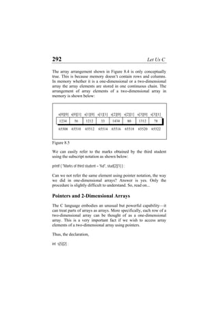 292 Let Us C
The array arrangement shown in Figure 8.4 is only conceptually
true. This is because memory doesn’t contain rows and columns.
In memory whether it is a one-dimensional or a two-dimensional
array the array elements are stored in one continuous chain. The
arrangement of array elements of a two-dimensional array in
memory is shown below:
s[3][1]s[3][0]s[2][1]s[2][0]s[1][1]s[1][0]s[0][0] s[0][1]
14341212
6552265520655186551665514655126551065508
80 1312 7833561234
Figure 8.5
We can easily refer to the marks obtained by the third student
using the subscript notation as shown below:
printf ( "Marks of third student = %d", stud[2][1] ) ;
Can we not refer the same element using pointer notation, the way
we did in one-dimensional arrays? Answer is yes. Only the
procedure is slightly difficult to understand. So, read on...
Pointers and 2-Dimensional Arrays
The C language embodies an unusual but powerful capability—it
can treat parts of arrays as arrays. More specifically, each row of a
two-dimensional array can be thought of as a one-dimensional
array. This is a very important fact if we wish to access array
elements of a two-dimensional array using pointers.
Thus, the declaration,
int s[5][2] ;
 