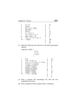 Chapter 8: Arrays 323
1. *( i + 3 ) a. 85
2. s[i[7]].x b. 2
3. s[ (s + 2)->y / 3[I]].y c. 6
4. i[i[1]-i[2]] d. 7
5. i[s[3].y] e. 16
6. ( s + 1 )->x + 5 f. 15
7. *( 1 +i )**( i + 4 ) / *i g. 25
8. s[i[0] – i[4]].y + 10 h. 8
9. ( *(s + *( i + 1) / *i ) ).x + 2 i. 1
10. ++i[i[6]] j. 100
k. 10
l. 20
(i) Match the following with reference to the following program
segment:
unsigned int arr[3][3] = {
2, 4, 6,
9, 1, 10,
16, 64, 5
} ;
1. **arr a. 64
2. **arr < *( *arr + 2 ) b. 18
3. *( arr + 2 ) / ( *( *arr + 1 ) > **arr ) c. 6
4. *( arr[1] + 1 ) | arr[1][2] d. 3
5. *( arr[0] ) | *( arr[2] ) e. 0
6. arr[1][1] < arr[0][1] f. 16
7. arr[2][[1] & arr[2][0] g. 1
8. arr[2][2] | arr[0][1] h. 11
9. arr[0][1] ^ arr[0][2] i. 20
10. ++**arr + --arr[1][1] j. 2
k. 5
l. 4
(j) Write a program that interchanges the odd and even
components of an array.
(k) Write a program to find if a square matrix is symmetric.
 